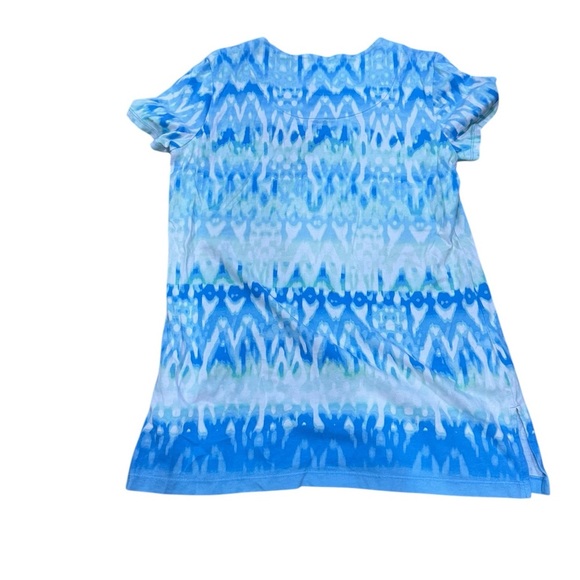 EUC Blue & White tie dye Ruby Rd Embellished neckline tee tropical resort boho S - Picture 3 of 5